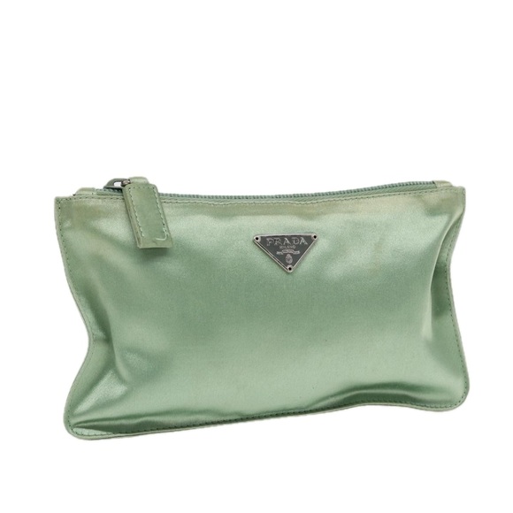 PRADA Pouch Satin Green Silver Auth 86519 - Picture 1 of 16
